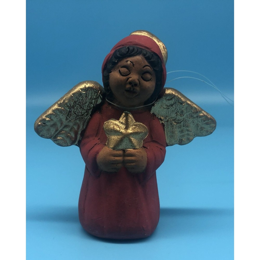 Vintage Clay African American Angel Ornament Christmas Gold Wings Red Dress